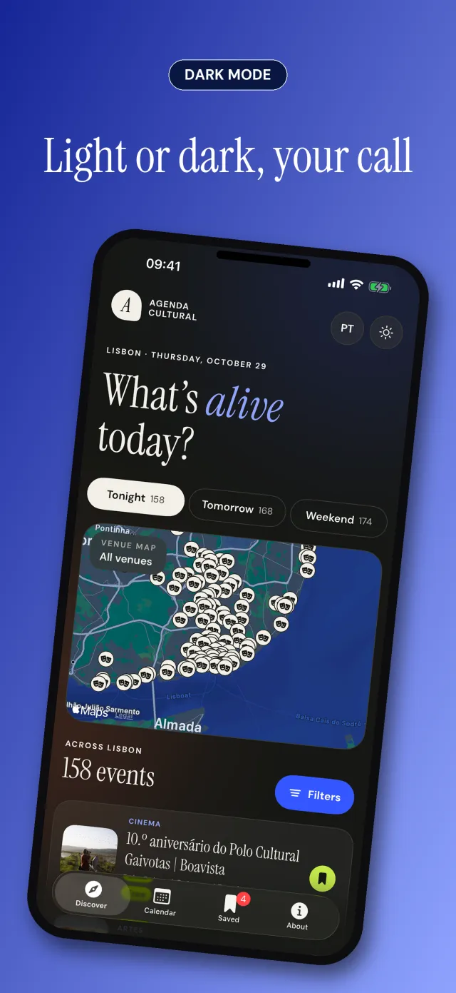 The Discover screen in dark mode.