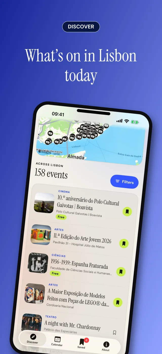The Discover screen of Agenda Cultural: a map of the venues and the list of today's events.