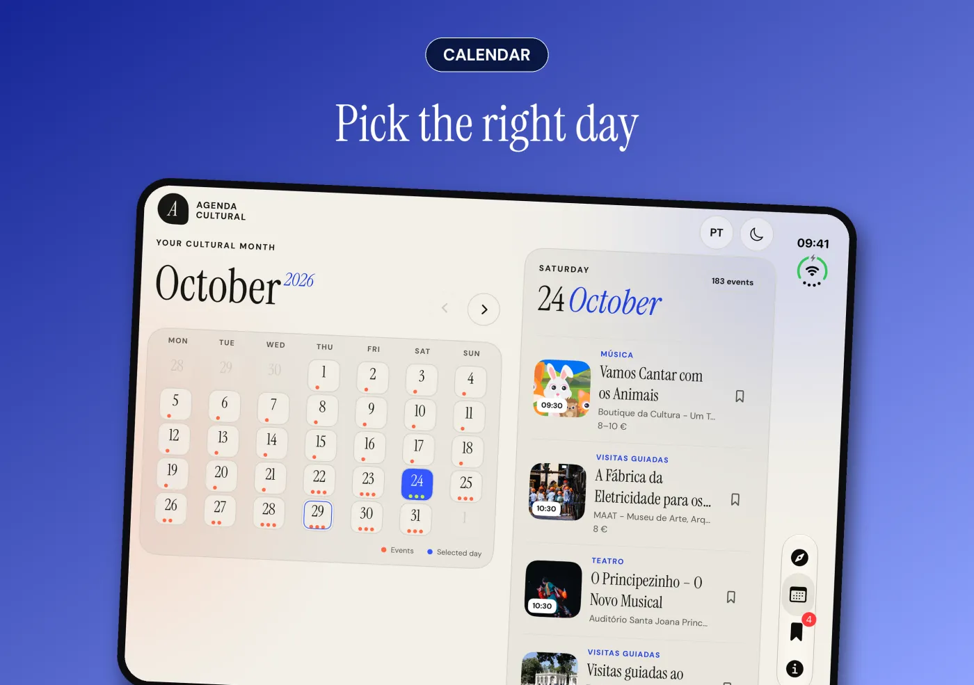 Agenda Cultural on the inner display of iPhone Duo: the month on the left and the day's events on the right.