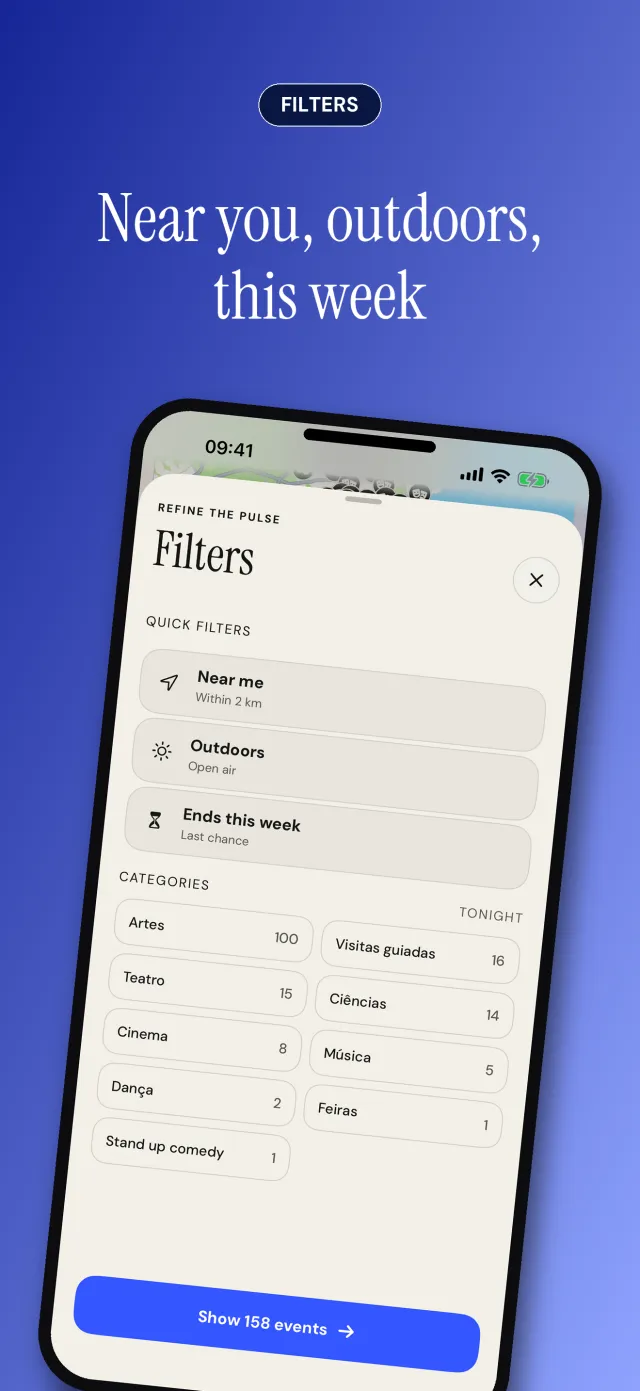 The filters sheet: quick filters and categories, with the number of events in each.