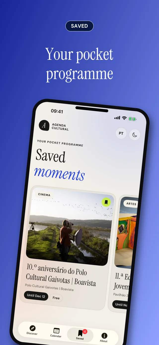 The Saved screen: the bookmarked events as cards, the nearest first.