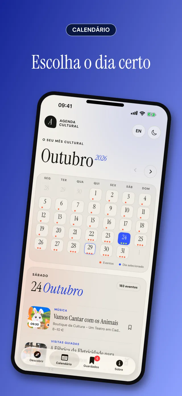 O ecrã Calendário: um mês com pontos nos dias e os eventos do dia escolhido por baixo.