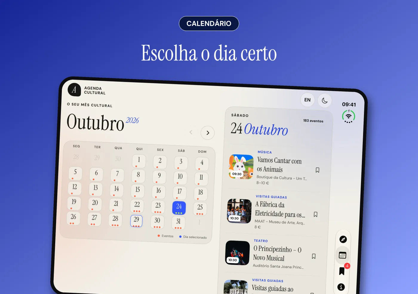 A Agenda Cultural no ecrã interior do iPhone Duo: o mês à esquerda e os eventos do dia à direita.