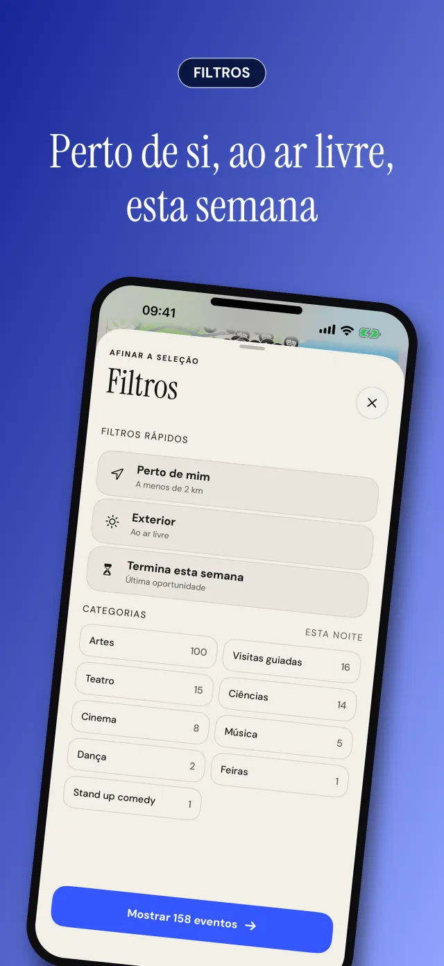 A folha de filtros: filtros rápidos e categorias, com o número de eventos de cada uma.
