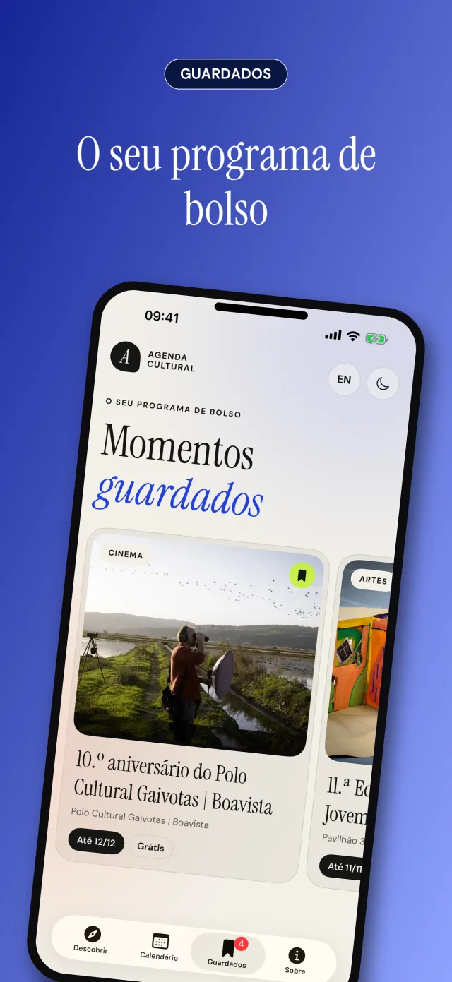 O ecrã Guardados: os eventos marcados em cartões, o mais próximo primeiro.